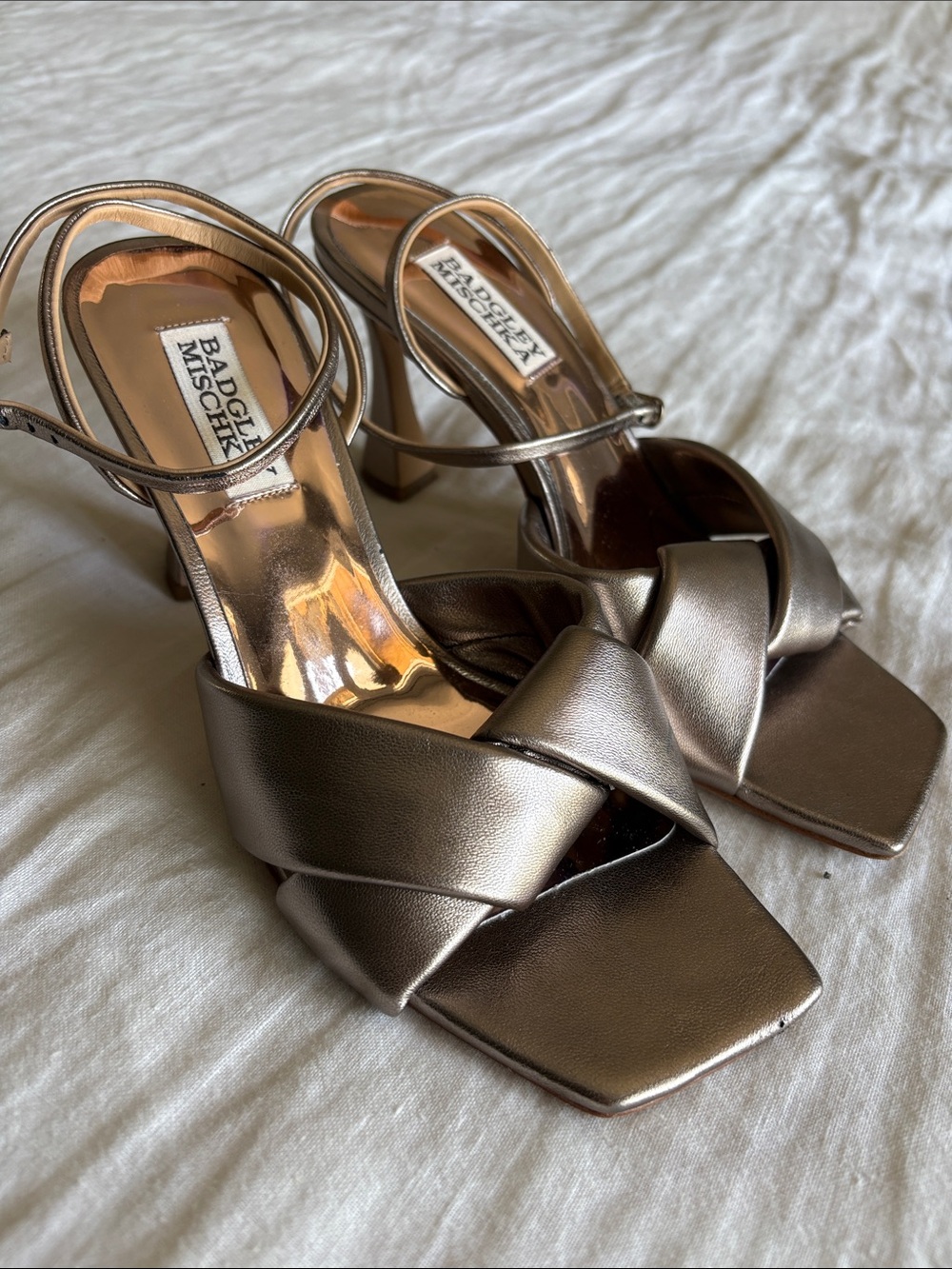 Badgley Mischka Metallic Bronze Knotted Strap Heels